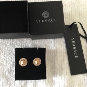 Versace Gold-Tone Round Earrings with Medusa Detail and Rhinestones